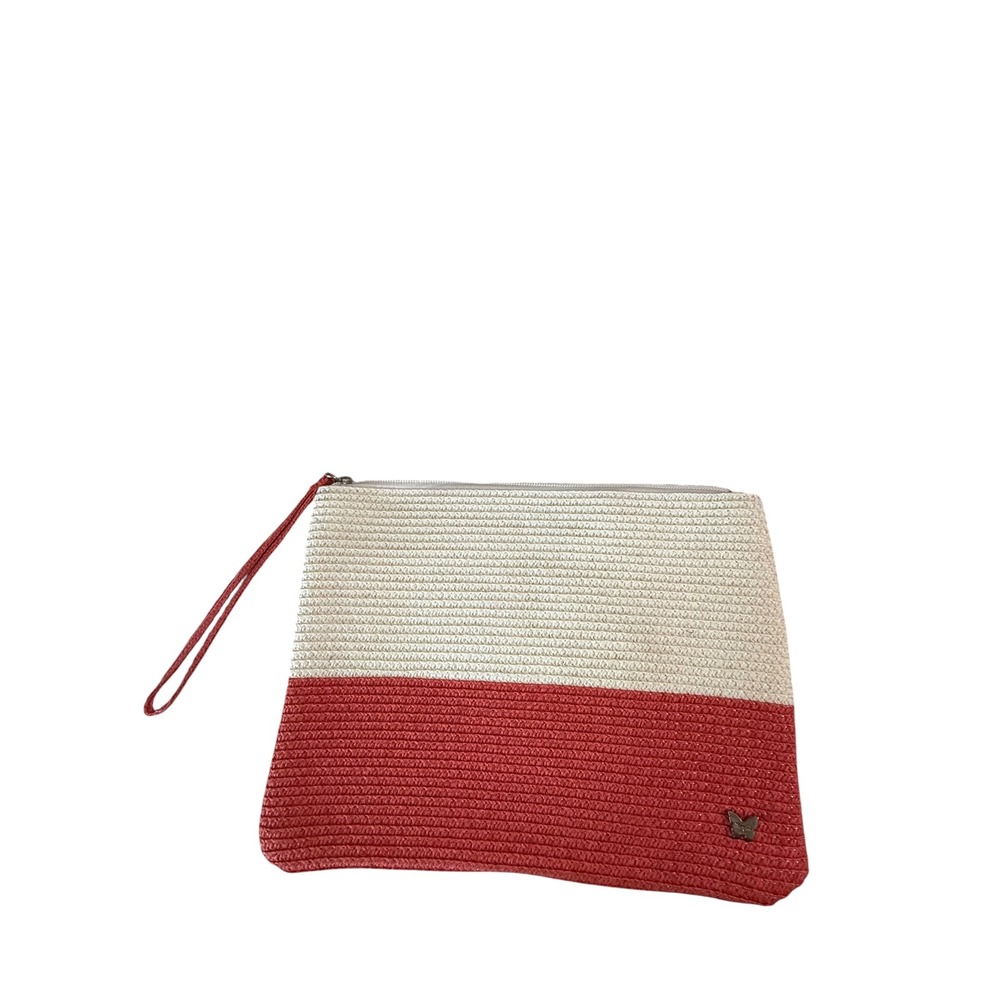 Magid Red Cream Woven Straw Wristlet Clutch Bag Butterfly Logo Shimmer